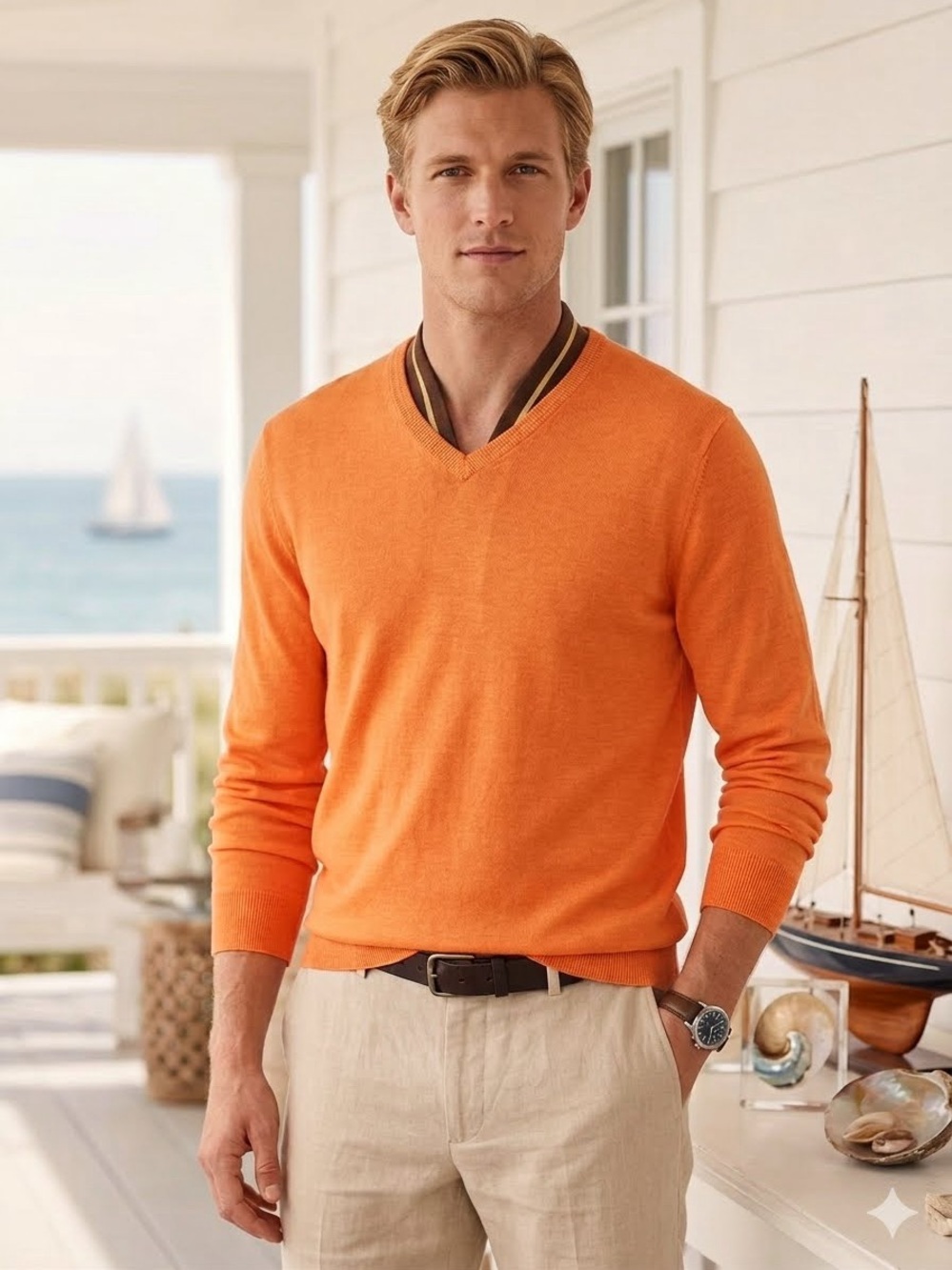Banana Republic Men's Size L Bright Orange Linen Silk V-Neck Pullover Sweater